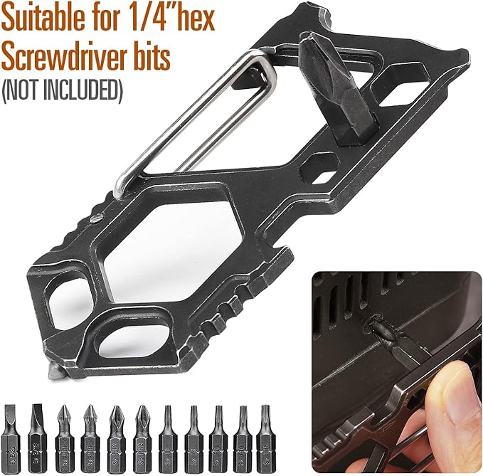 Carabiner Keychain Stainless Steel Multitool - 11 in 1 Tactical Emergency Survival Gear - Glass Breaker,Bottle Opener, Wrench, Screw Drivers, Key Clip, EDC Pocket and Backpack Tool