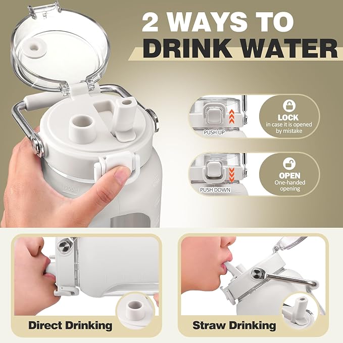 BLUEGO 64oz Water Bottle Glass with Stainless Steel Handle Large Water Bottle with Time Markers and Silicone Sleeve Half Gallon Water Jug BPA Free for Gym Daily Use, White