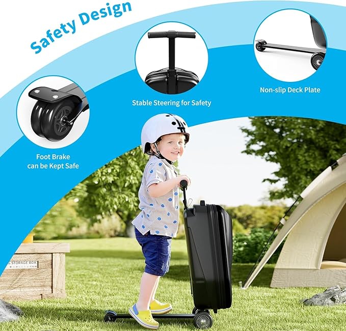 TABU 21" 3-D Hardshell Scooter Suitcase for Kid & Adult, Foldable Carry-on Scooter Luggage with Telescopic Handle, Multifunctional Lightweight Traveling Suitcase for Age 4-15, Black