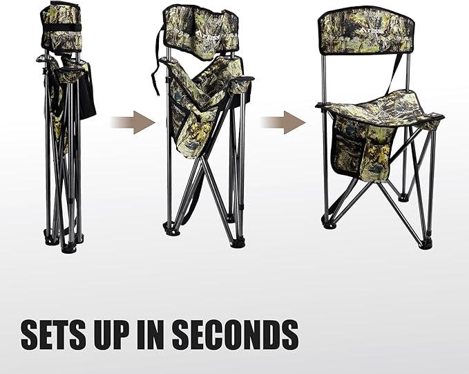 FLISSA Tripod Hunting Chair with Backrest, Portable Hunting Stool Supports 250 LBS, Foldable Camo Seat with Carry Strap for Hunting, Hiking, Fishing and Camping