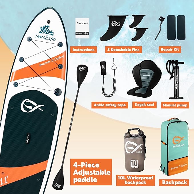 InnoExpo Inflatable Stand Up Paddle Boards with Premium Accessories, Wide Stable SUP Paddle Board Design, Non-Slip Comfort Deck for Youth & Adults