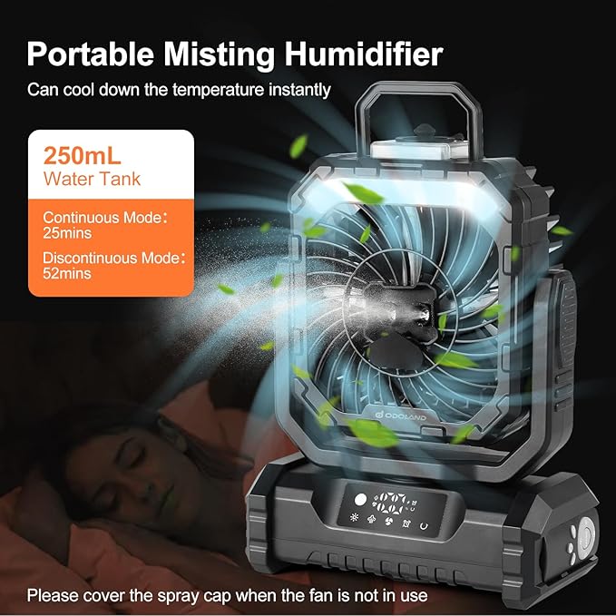 Odoland Portable Misting Fan with Light, 30000mAh Rechargeable Battery Camping Fan with 2 Spray Mister, Outdoors Tent Ventilador with Remote and Hook for Indoor Cooling Hiking Patio, Black