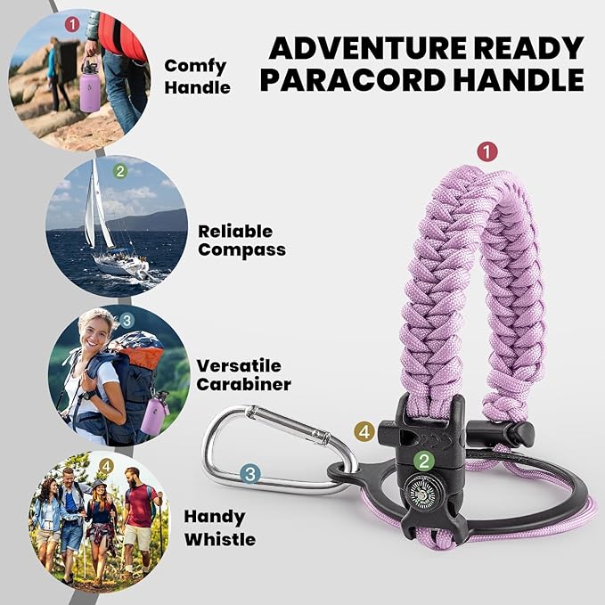 Insulated Water Bottle 64 oz, Triple Wall Vacuum Stainless Steel (Cold for 48 Hrs), Leak Proof & Non-BPA, Half Gallon Water Flask Jug with Paracord Handle & Straw Spout Lids, Lilac