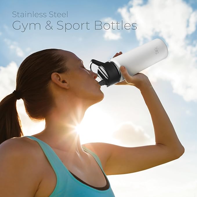 SipX™ Triple-Insulated Stainless Steel Water Bottle 18oz. With 3 Lids, BPA-Free Reusable Insulated Water Bottle Keeps Cold 24 Hours, (White)