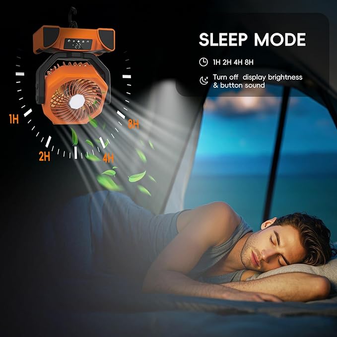 20000mAh Portable Camping Fan, Rechargeable Battery Powered Fan with Remote Control & Oscillating, LED Display, Light, Timer, Rotation, Hanging Hook for Outdoor Camp, Beach, Travel Tent