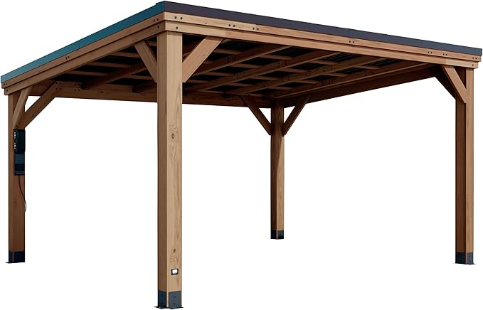 Backyard Discovery Arcadia 14' x 12' Cedar Wood Outdoor Gazebo Pavilion with Hardtop Galvanized Steel Slope Roof, Snow Support, Wind Resistance, PowerPort, Shade for Garden, Patio, Deck, Entertaining