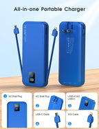 Portable Charger, 12000mAh 22.5W Fast Charging Power Bank with Built-in Cables & Wall Plug, Travel Essential Battery Pack with LED Display, USB C Battery Phone Charger for iPhone, iPad, Samsung Navy