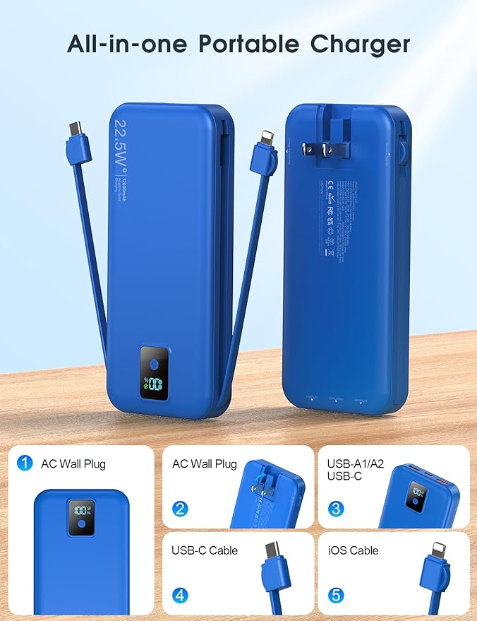 Portable Charger, 12000mAh 22.5W Fast Charging Power Bank with Built-in Cables & Wall Plug, Travel Essential Battery Pack with LED Display, USB C Battery Phone Charger for iPhone, iPad, Samsung Navy