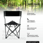 Travel Chair Ultimate Slacker, Quick Folding Tripod Stool with Backrest, Fishing Camping Hiking Chair with Carry Strap, Polyester, Black