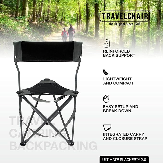 Travel Chair Ultimate Slacker, Quick Folding Tripod Stool with Backrest, Fishing Camping Hiking Chair with Carry Strap, Polyester, Black