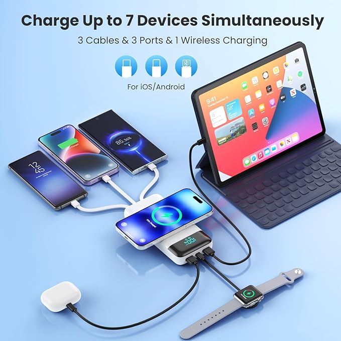 Wireless Portable Charger 40800mAh for iPhone with 3 Built-in Cables,7-in-1 15W Wireless Charging USB C Power Bank,LCD Display 25W PD QC 4.0 Fast Charging Battery Pack for iPhone 16/15/14/13/12 -White