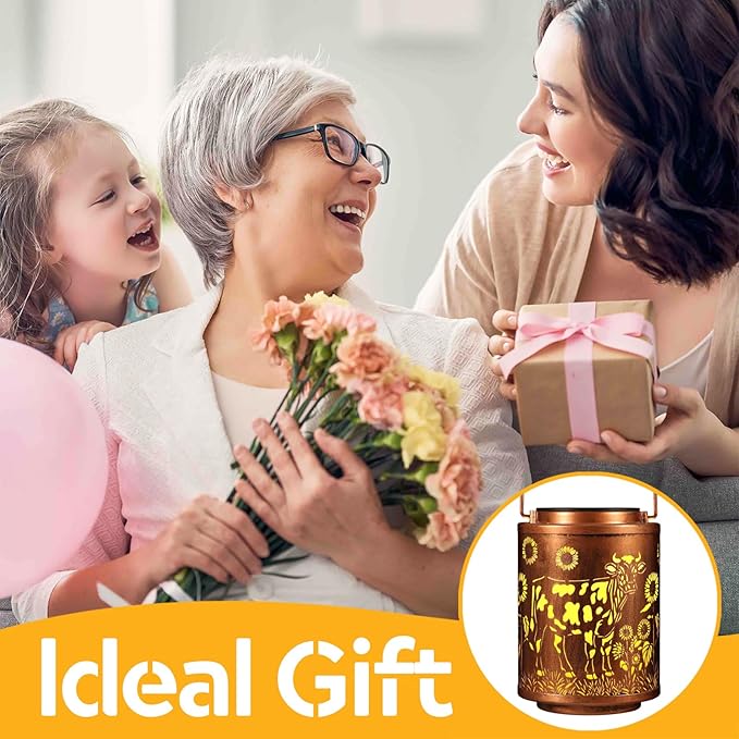 Solar Lanterns Garden Decor Birthday Gifts for Women Mon Grandma Metal Hanging Solar Lights Waterproof Outdoor Decoration for Outside LED Lanterns for Yard Patio Lawn (Cow)