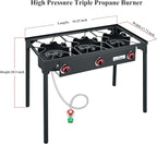High Pressure Triple Propane Burner Outdoor Propane Camping Stove with 0-20 PSI Adjustable High Pressuer Regulator and Steel Braided Hose 3 Burner Stove Brewing Supply SA3500