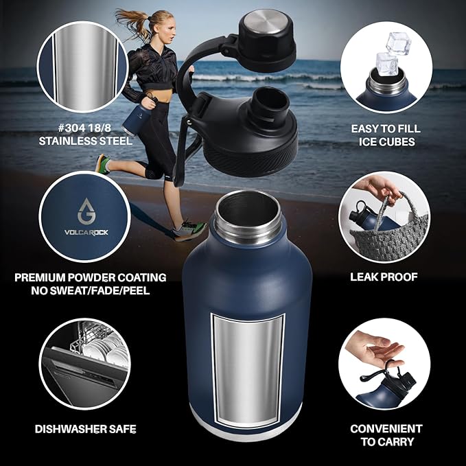 Insulated Water Bottle with Straw Lid Dustproof, 64 Oz Double Wall Stainless Steel Water Bottle for Hot and Cold Beverages, Leafproof BPA Free and Dishwasher Safe-64 Oz Navy Blue