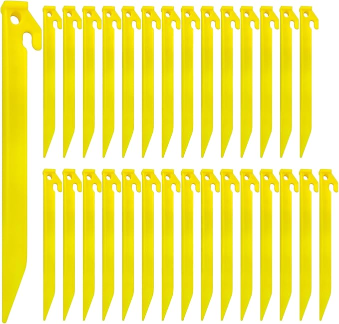 30 PCS Plastic Tent Stakes, 8.85 Inch Heavy Duty Plastic Canopy Stakes for Camping, Beach, Garden & Outdoor Decorations, Lightweight Rust-Proof Sand Anchors, Colorful Yard Inflatable Stakes (Yellow)