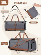 Lekesky Foldable Travel Duffel Bag for Women, 80L Large Duffle Bag with Separate Shoes Compartments & Straps, Carry On Weekend Bag for Women, Hospital, Overnight(Grey)