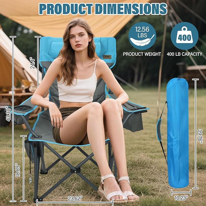 Oversized High-Back Camping Chairs with Pillow, Dual Cup Holders & Cooler Bag - Heavy Duty Foldable Outdoor Chair for Adults4PC (1, BLUEGREY-4PC-SET)