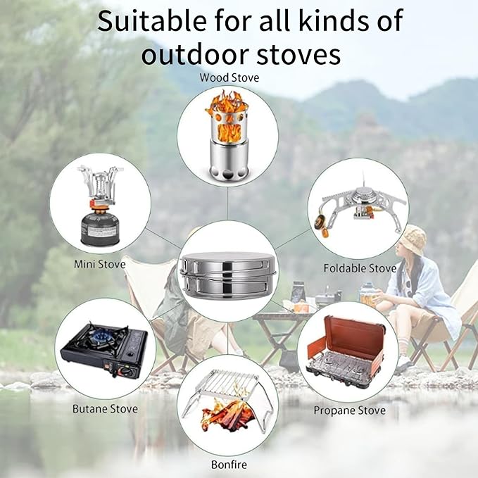 Camping Pots Pans, 4Pcs Portable Foldable Stainless Steel Combination Pot Cookware Set Camping Kitchenware Picnic Outdoor Pan Pot Plate Tableware Backpacking Gear for Camping Hiking Picnic
