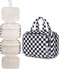 Narwey Hanging Toiletry Bag for Women Travel Makeup Bag Organizer Toiletries Bag for Travel Size Essentials Accessories Cosmetics (Black Checkerboard (Medium))