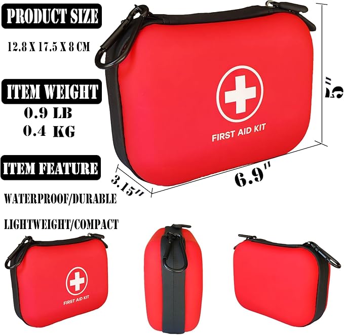 First Aid Kit 196 Piece Waterproof Hard Shell Eva Portable Survival Kit for Home, Camping, Cars, Hiking, Travel, Outdoor, Adventure Emergency Medical Kits (Red)
