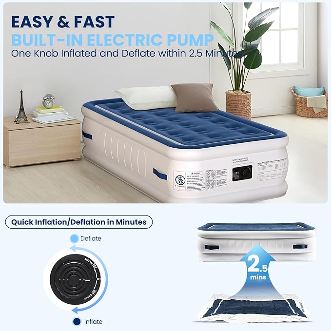 KINGJERRY Twin Air Mattress with Built in Pump and 4 Portable Handles, 18" Raised Comfort Blow Up Mattress for Guests, 440lb Support Air Bed with Carry Bags, Heavy Duty Inflatable Bed for Home&Camping