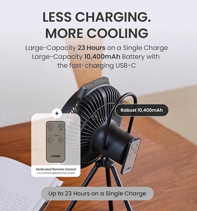Claymore V1040 Fan (Black) - Premium Rechargeable Portable Air Circulator. Powerful, Quiet with Large 10,400mAh Battery, Versatile Stand & Remote Control. Up to 23 Hours Runtime, All Seasons.