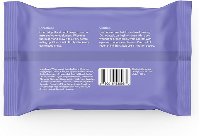 ASUTRA Yoga Mat Cleaning Wipes (Lovely Lavender), 3 Pouches (30 Wipes Each) - No Slippery Residue, Deep-Cleansing for Fitness Gear & Gym Equipment