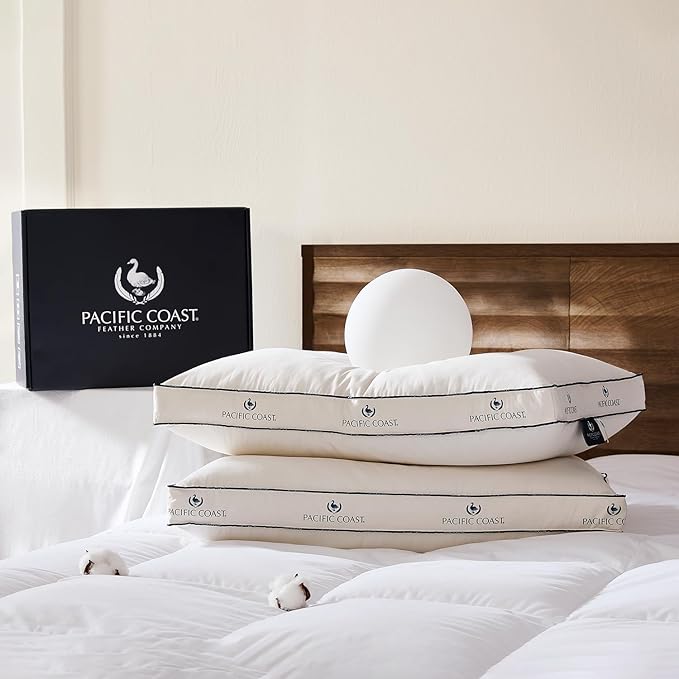 Pacific Coast Goose Feather and Down Pillows, with 100% Organic Cotton Cover, Standard Size Set of 2, Gusseted Design for Sleeping, Hotel Collection, Firm Pillows for Side and Back Sleepers