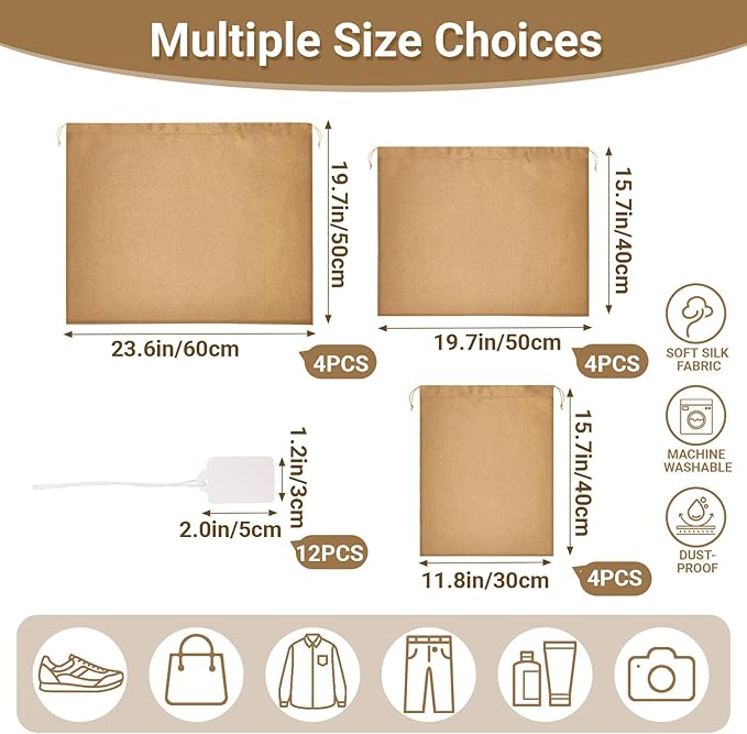Ewen Pack of 12 Drawstring Dustbags with Blank Tag, Small Medium Large Satin Storage Pouch Dustproof for Travel Essentials, Silk Dustbag Packing Bag for Closet Home Storage Shoes Handbags Organization