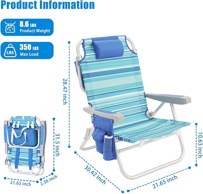 SUNNYFEEL Low Beach Chair 2 Pack, 5-Position Lay Flat Reclining, Backpack Portable Folding Chairs with Cooler Bag & Cup Holder, Heavy Duty 350 LBS, Compact for Beach, Camping, Travel