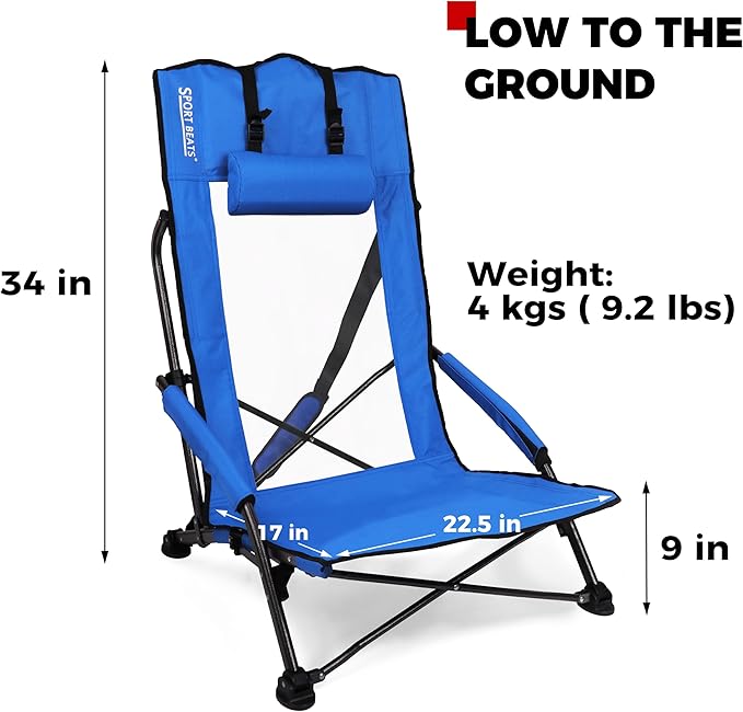 SPORT BEATS Low Beach Chairs Set of 2 Folding Beach Chairs High Back Support with Head Pillows Shoulder Straps