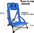 SPORT BEATS Low Beach Chairs Set of 2 Folding Beach Chairs High Back Support with Head Pillows Shoulder Straps