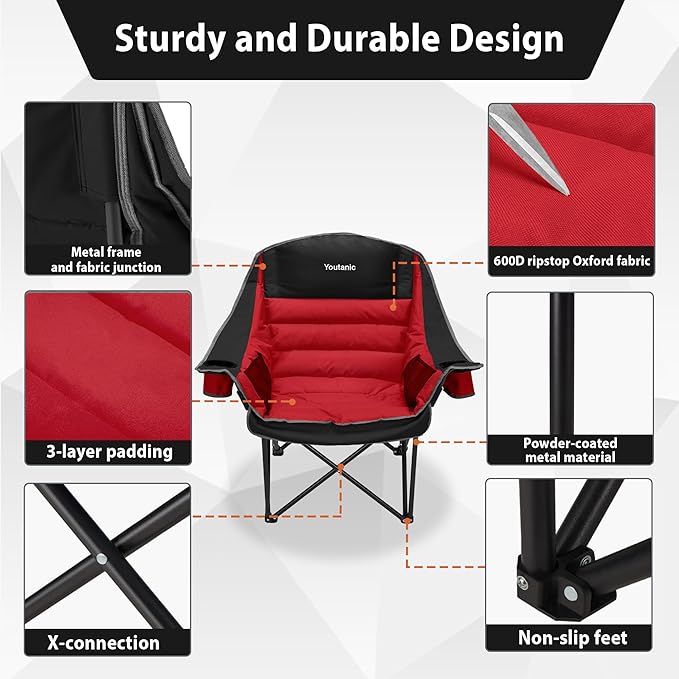 Oversized Camping Chair, Portable Folding Camping Chairs with Side Pocket, Cup Holder and Carry Bag, Heavy Duty Outdoor Camping Chairs for Adults, Fishing, Sports, Trip, up to 400lbs, Style 5