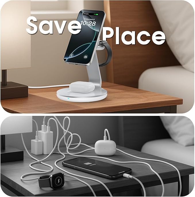3-in-1 Charging Station Compatible with MagSafe for iPhone 17/16/15/14/13/12, Wireless Charger Stand for Apple Watch Series 11–2/SE/Ultra for AirPods Pro/4/3/2 Fast Charger with 18W Adapter