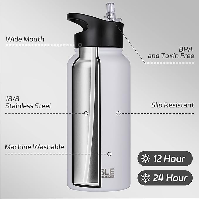 HASLE OUTFITTERS 32 oz Insulated Water Bottle Stainless Steel Double Walled Vacuum Sports Water Bottle with 2 Lids (Straw and Spout Lid) for Gym Camping Hiking(White,8)