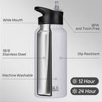 HASLE OUTFITTERS 32 oz Insulated Water Bottle Stainless Steel Double Walled Vacuum Sports Water Bottle with 2 Lids (Straw and Spout Lid) for Gym Camping Hiking(White,8)