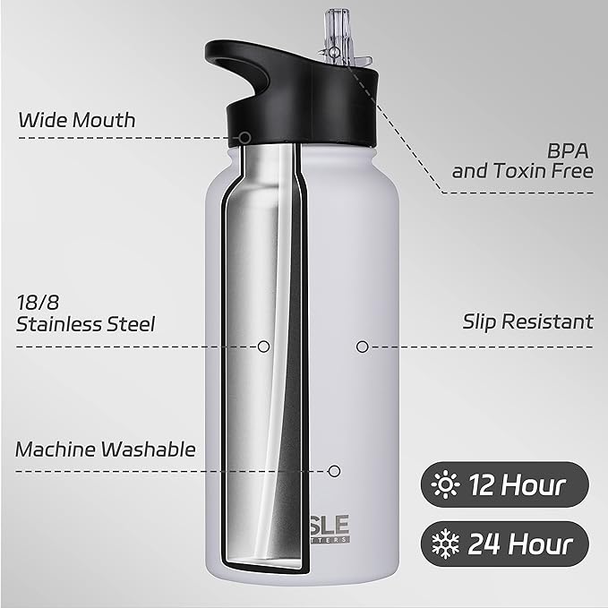 HASLE OUTFITTERS 32 oz Insulated Water Bottle Stainless Steel Double Walled Vacuum Sports Water Bottle with 2 Lids (Straw and Spout Lid) for Gym Camping Hiking(White,4)