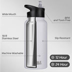 HASLE OUTFITTERS 32 oz Insulated Water Bottle Stainless Steel Double Walled Vacuum Sports Water Bottle with 2 Lids (Straw and Spout Lid) for Gym Camping Hiking(White,4)