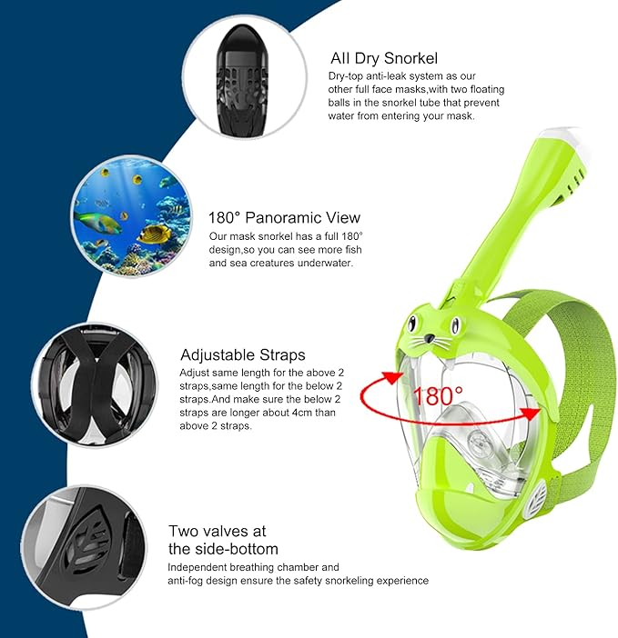 Full Face Snorkel Mask, Diving Mask for Kids and Adults,180° Panoramic View Snorkel Mask with Camera Mount, Safe Breathing, Anti-Leak&Anti-Fog