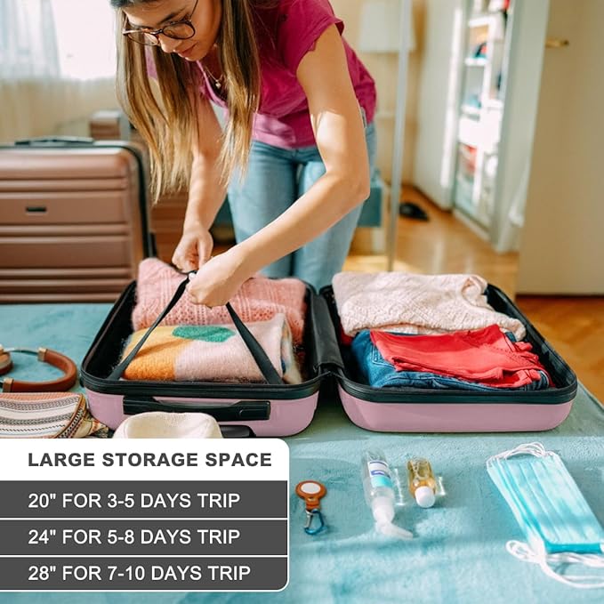 Kono 3 Piece Luggage Sets Expandable(only 28") Lightweight with Spinner Wheels TSA Lock Hardside Travel Rolling Suitcases 20in 24in 28in Carry on Pink