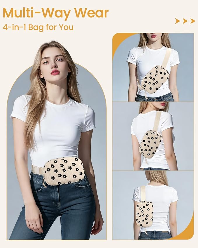 Vankor Corduroy Cute Fanny Packs for Women Cross Body, Everywhere Belt Bag for Women Crossbody Stylish Waist Pack Purse for Travel, Hiking, Workout, Running, Corduroy Black Flower