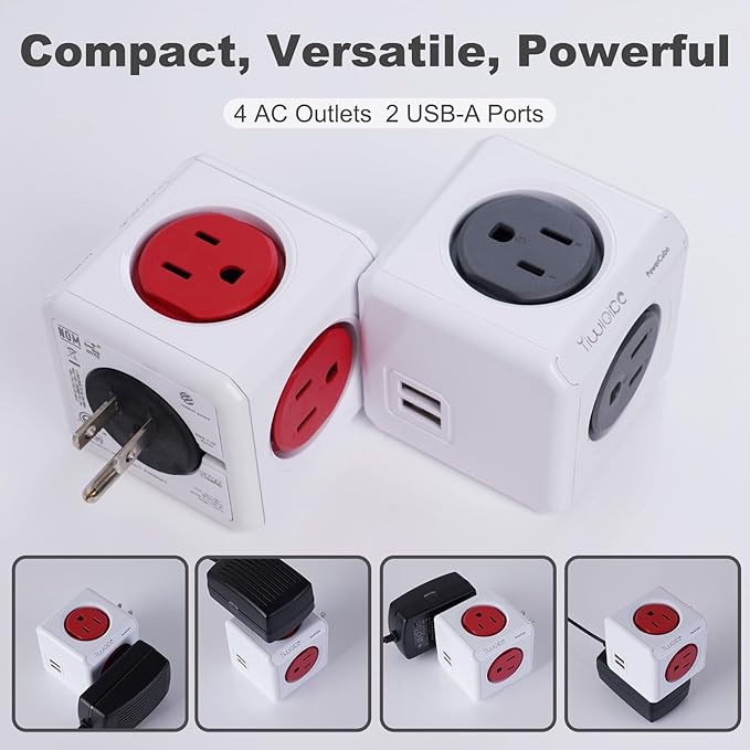 Surge Protector Power Board, 4 - Outlet Extender Multi - Plug Socket with 2 USB Charging Ports, 175 Joules Protection, Suitable for Homes, Offices, ETL - Certified (red)