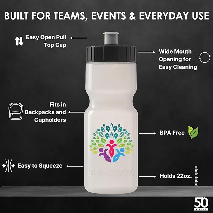 50 Strong Bulk Water Bottles | 24 Pack Sports Bottle | 22 oz. BPA-Free Easy Open with Pull Top Cap | Made in USA | Reusable Plastic Water Bottles for Adults & Kids | Top Rack Dishwasher Safe