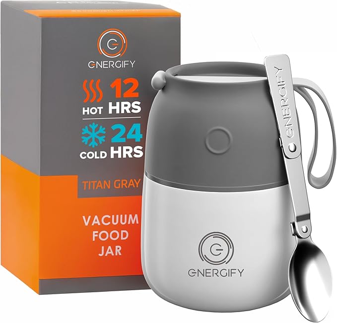 Energify Vacuum Insulated 12oz Titan Gray Thermos with Folding Spoon and Carry Case, BPA-Free, Meal Holder