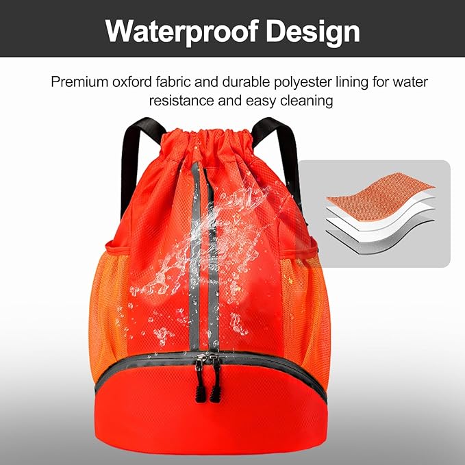 Hoedia Sports Drawstring Backpack - String Swim Gym Bag with Shoes Compartment and Wet Proof Pocket for Women&Men (Red)