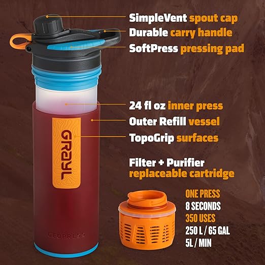 GRAYL GeoPress 24 oz Water Purifier Bottle - Filter for Hiking, Camping, Survival, Travel (Wanderer Red)