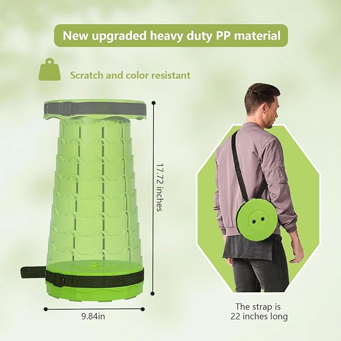 Portable Collapsible Stool, Adjustable Height Folding Seat for Adults and Kids, Lightweight Retractable Telescoping Stool for Camping, Travel, Fishing, Outdoor & Indoor Use (Apple Green)