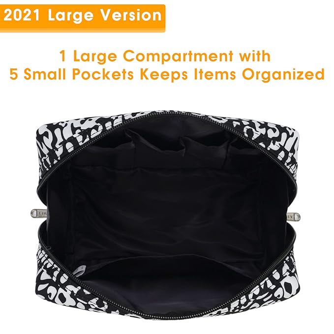 Narwey Cute Cheetah Makeup Bag Travel Cosmetic Bag Organizer Toiletry Bag Make Up Bags with Compartments for Women Girls (Large, Black Leopard)