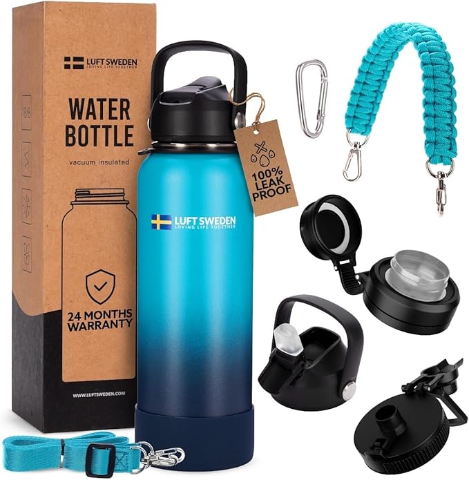 LUFT SWEDEN 40 oz Deep Blue Insulated Water Bottle with Straw Lid – Stainless Steel, Leakproof, Dishwasher Safe – Reusable Double Wall Gym Flask – Ice-Cold Drinks All Day – BPA-Free, Sweatproof