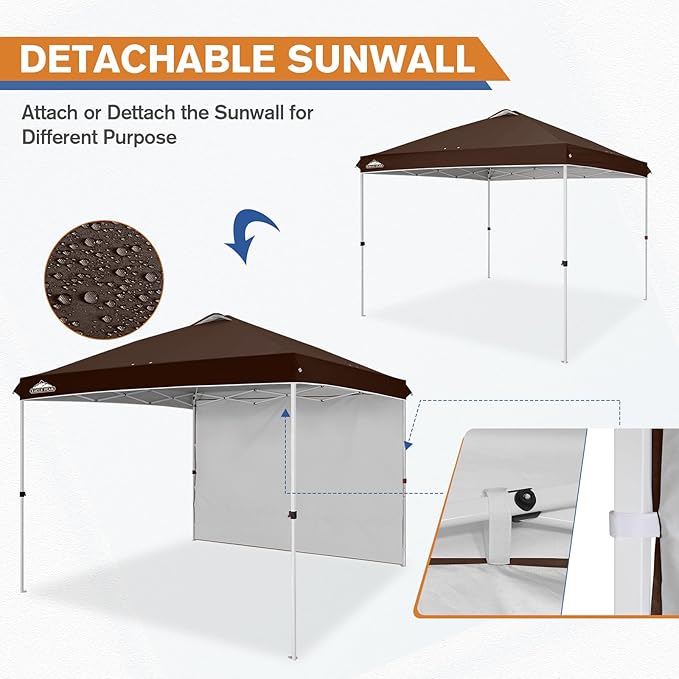 EAGLE PEAK Pop Up Canopy Tent with 1 Sidewall, Easy Setup Event Tent, Outdoor Sun Shade, Wheeled Carry Bag, Stakes and Guy Ropes, Instant Canopy 10x10, Brown